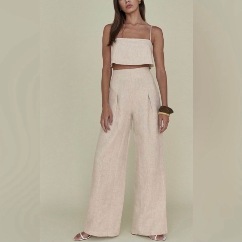 Reformation Cleo Beige Linen Two Piece Set